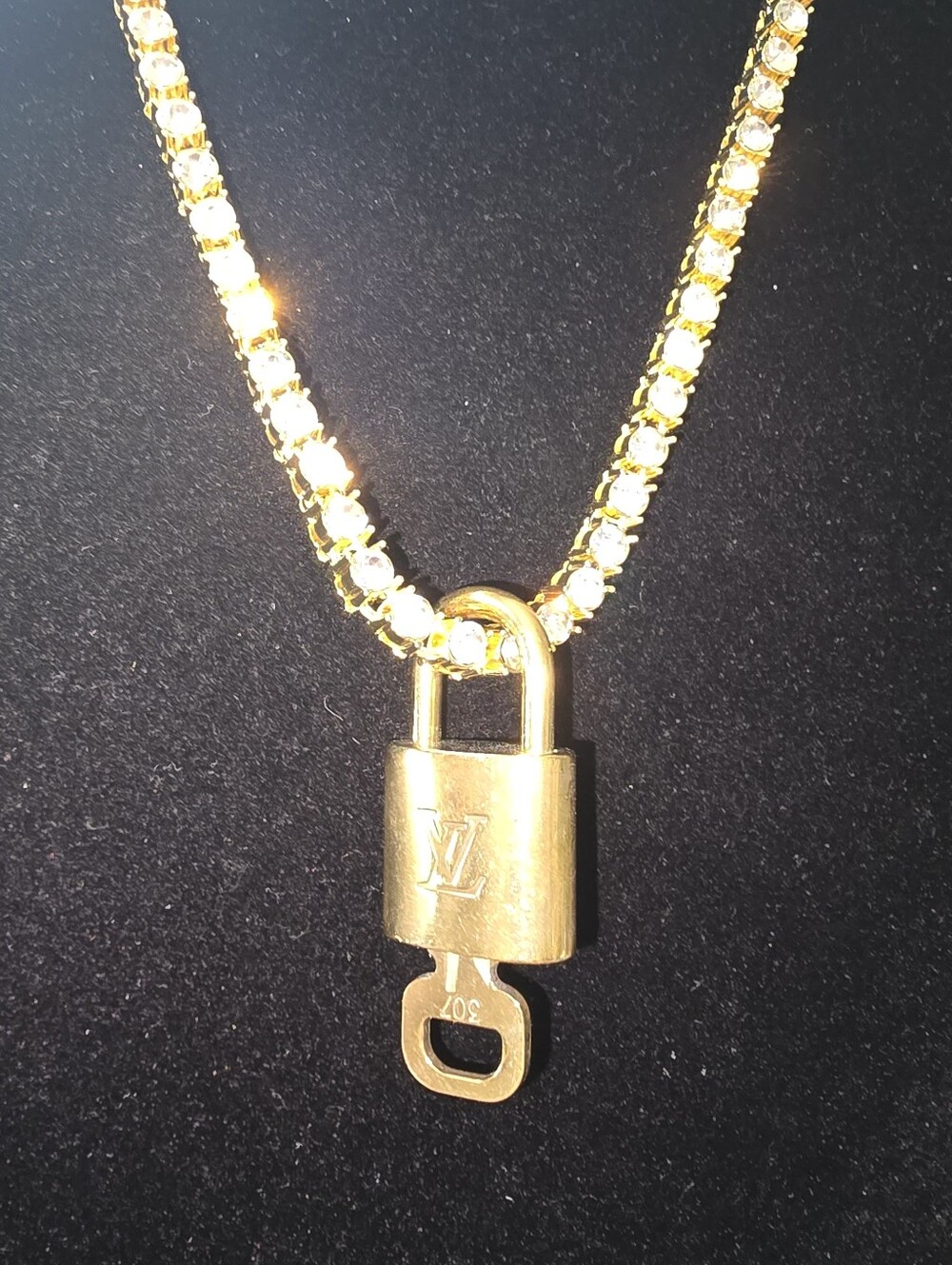 Louis Vuitton Gold Padlock Pendant on Crystal Pavé tennis Chain - Picture 3 of 9